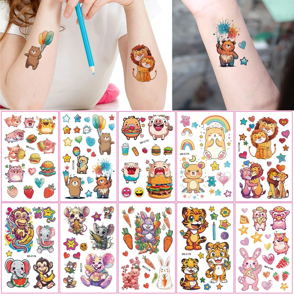 

10pcs Cartoon Temporary Tattoos for Children Rabbit Elephant Pig Hamburger Fake Tattoos for Women Men Kids Hand Face Body Art