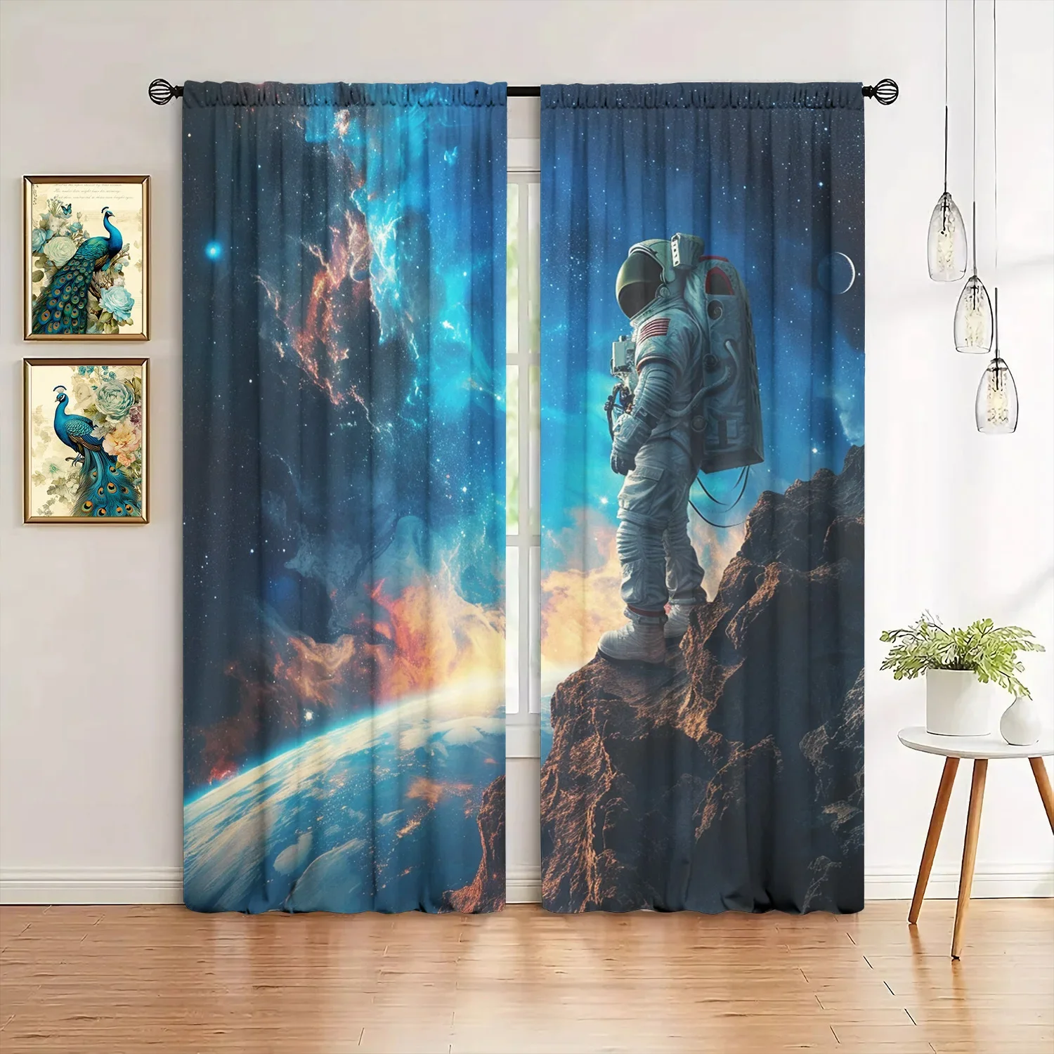 2pcs Astronaut Printed Curtain for Home Decor - Rod Pocket Window Treatment for Bedroom, Office, Kitchen, Living Room, and Study