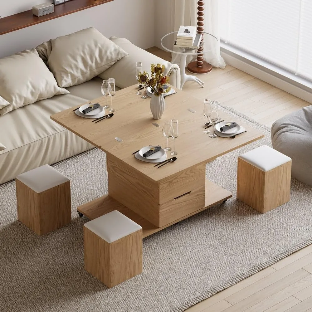 Lift Top Coffee Table with Hidden Storage, 3 in 1 Multi-Function Modern Folding Center Table with 4 Stools and Casters