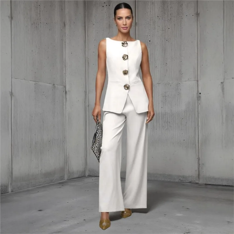 

Foreign Style Solid Office Set For Woman'Summer Sleeveless Design Cardigan Top+pants Two-piece Suit Ladies Fashion Vest Outfit