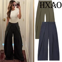 HXAO, pantalones holgados para mujer, pantalones anchos para mujer, pantalones informales minimalistas a rayas plisadas, pantalones de traje de gran tamaño verdes de oficina para mujer