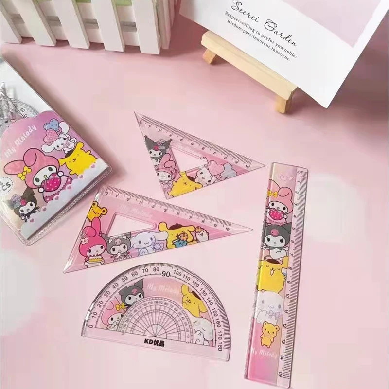 4pcs/Set Kawaii Sanrios Kuromi My Melody KT Cartoon Plastic Ruler Set TriangleRuler straightedge Protractor Drawing Tool Gift