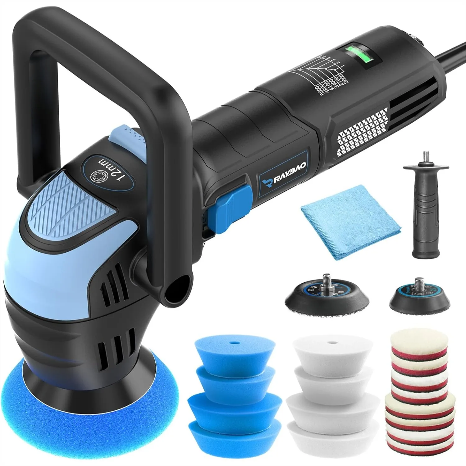 Pulidora Mini de 2 y 3 Pulgadas, 750W, con Órbita Aleatoria de 12mm, 16 Almohadillas y Cable de 16.4 Pies para Detallado y Encerado de Coches