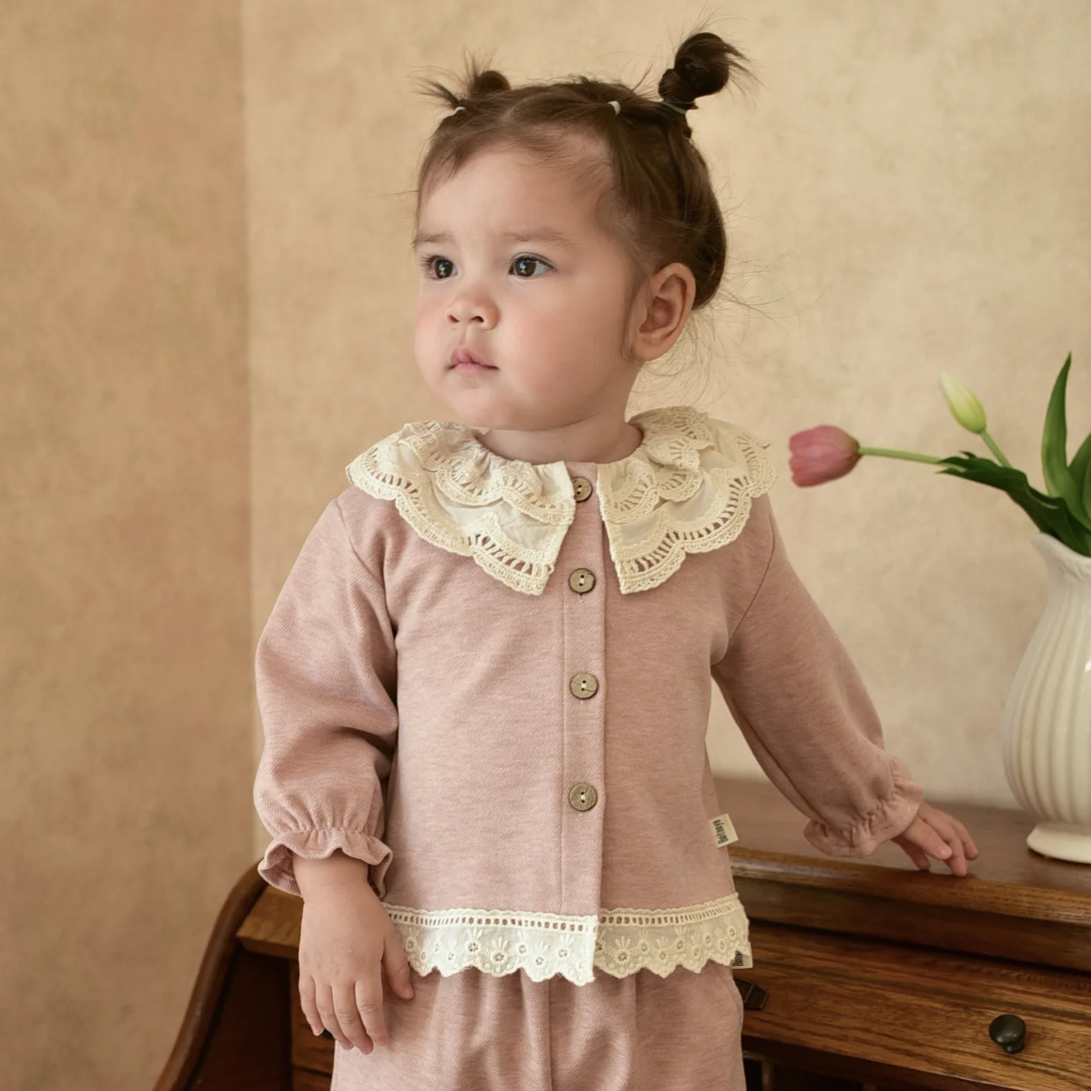 

2025 Autumn Toddler Girls Clothes Set Peter Pan Collar Kid Baby Girls Shirt Ins Mid Waist Lace Trim Newborn Infant Girls Pants