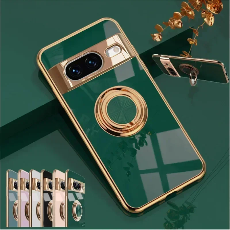 Shockproof Plating Ring Holder Phone Case For Google Pixel 8 7 Pro 7A 6A 5A Silicone Stand Back Cover Shell Capa Funda Coque