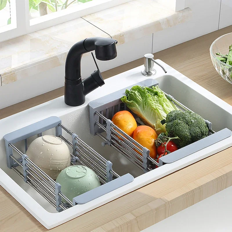 Scalable Stainless Steel Kitchen Utensils, Vegetable Sink, Drainage Basket, Adjustable and Expandable