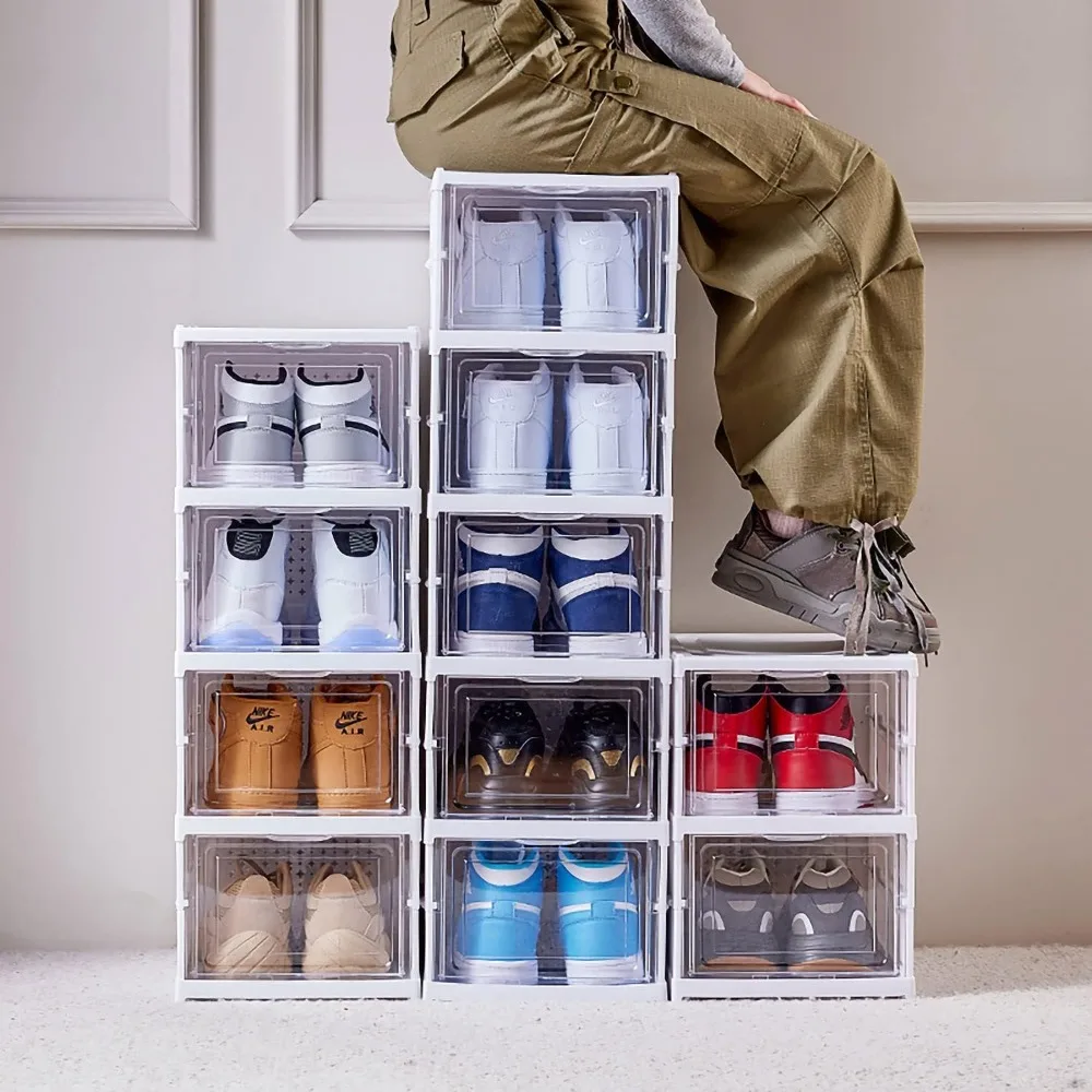 Foldable Shoe Rack Stackable Drop Shoe Organizer Storage Bin NoAssembly Portable Clear Dustproof Collapsible Plastic Storage Box