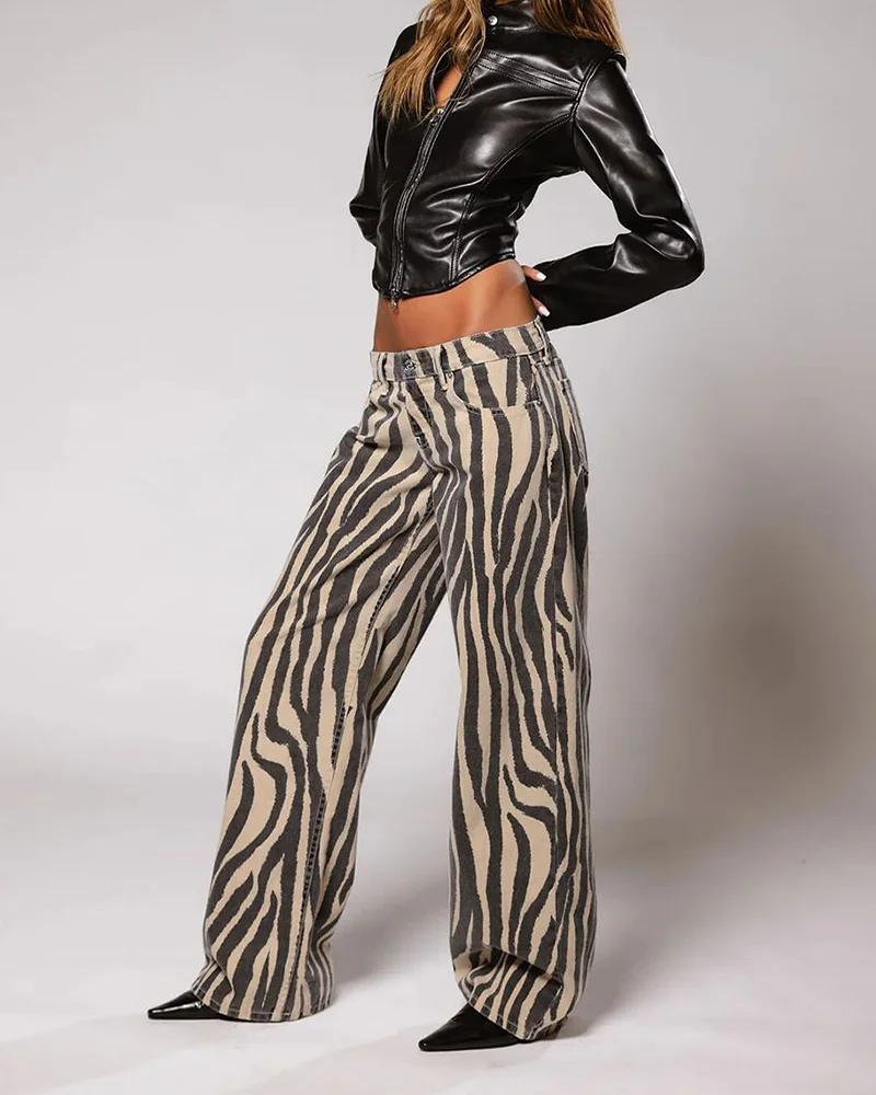 Zebra texture printed casual jeans Fashion Spice low waist trend street style autumn straight pants women