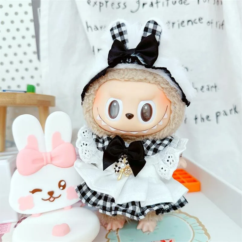 Doll Clothes for 17cm Labubu Dolls Toy Cute Mini Plush Doll\'s Outfit Accessories Student Outfit Maid Dress Hairpin Fans Gift