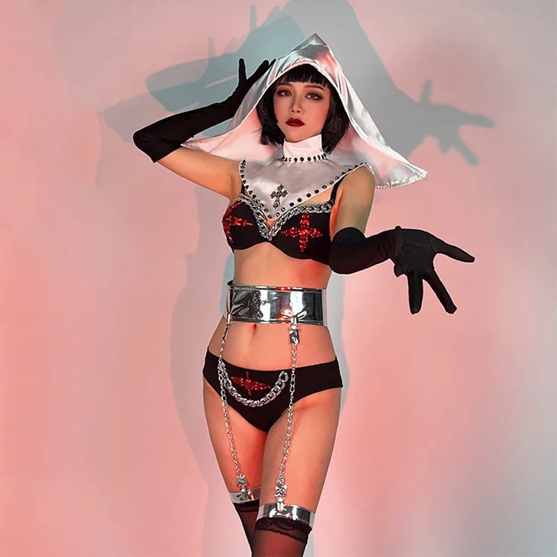 Pole Dance Costume Sexy Bikini Nightclub Gogo Show Dancer Outfit Halloween Nun Rave Festival Clothing Dj Ds Clubwear yj083