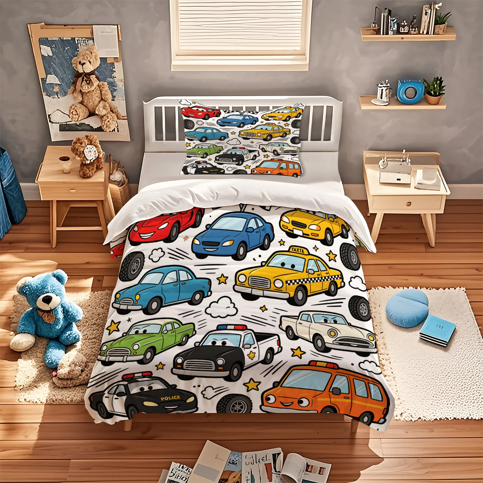 Cartoon Sports Car Print Duvet Cover Set Colorful Racing Police Taxi Vehicle Pattern Bedding Set with Pillowcases Bedroom Decor