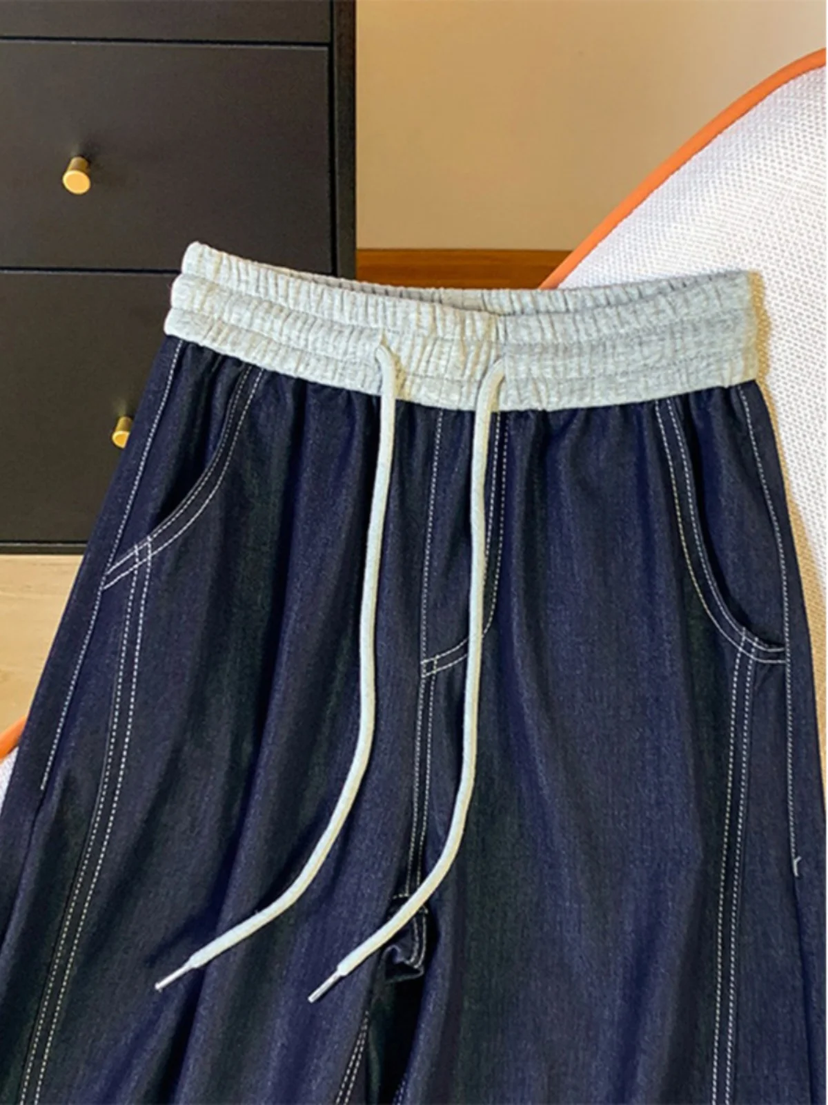 Retro Hong Kong Sle Gamba dritta Lyocell Denim Jeans Estate da donna Sottile elastico in vita Dstring Casual Pantaloni a gamba larga stretta