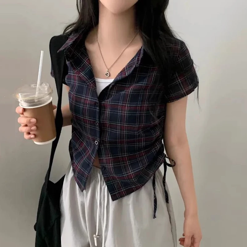 

Chic Summer Vintage Versatile Plaid ort irt Women's Turn-down Collar Small Button Side Gathered Design Korean Sle Top