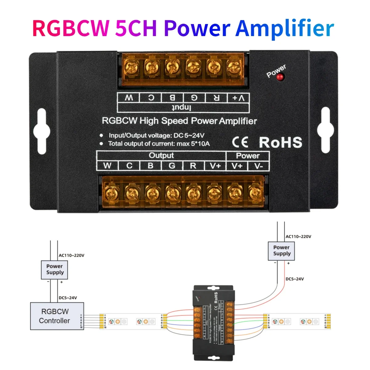 

LED RGBCCT Power Amplifier Controller 5 In 1 High Speed Max 50A 1200W for DIM CCT RGB RGB FCOB 3528 5050 LED Strip Light DC5-24V