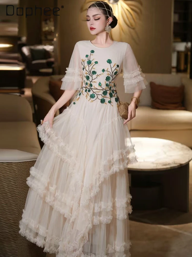 

European Style High-End Elegant Socialite Evening Dresses Mesh Embroidery Flowers Long Dress French Elegant Flared Dress Women