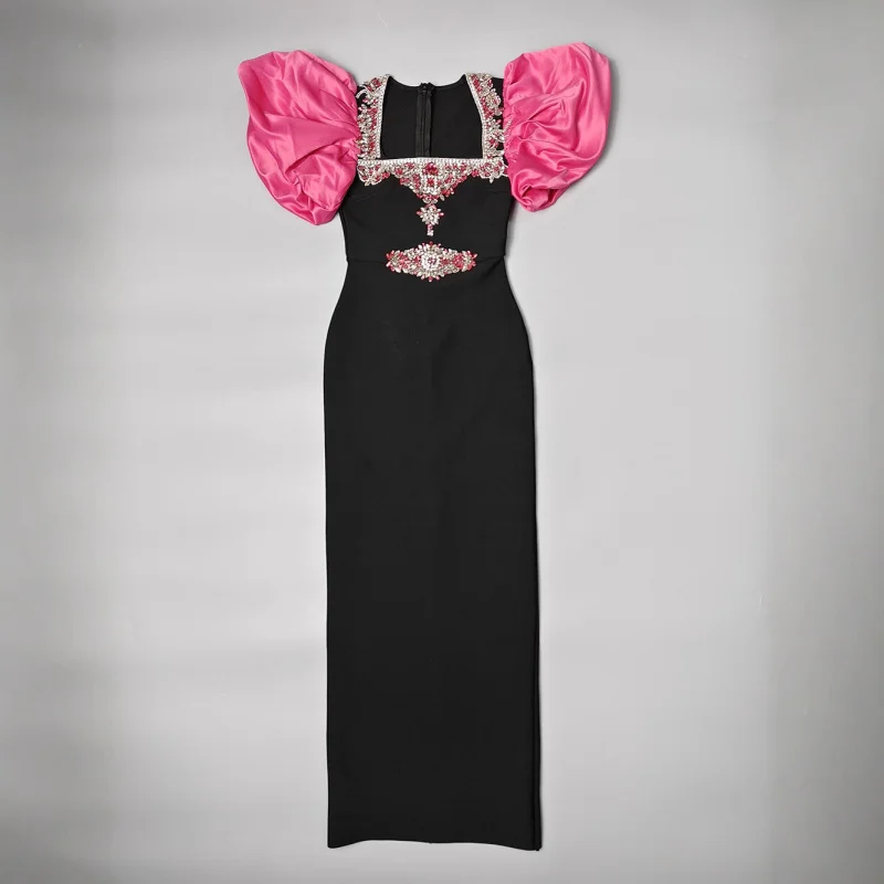

Square Neck Short Rose Red and Black Rhinestone Design Long Bandage Dress