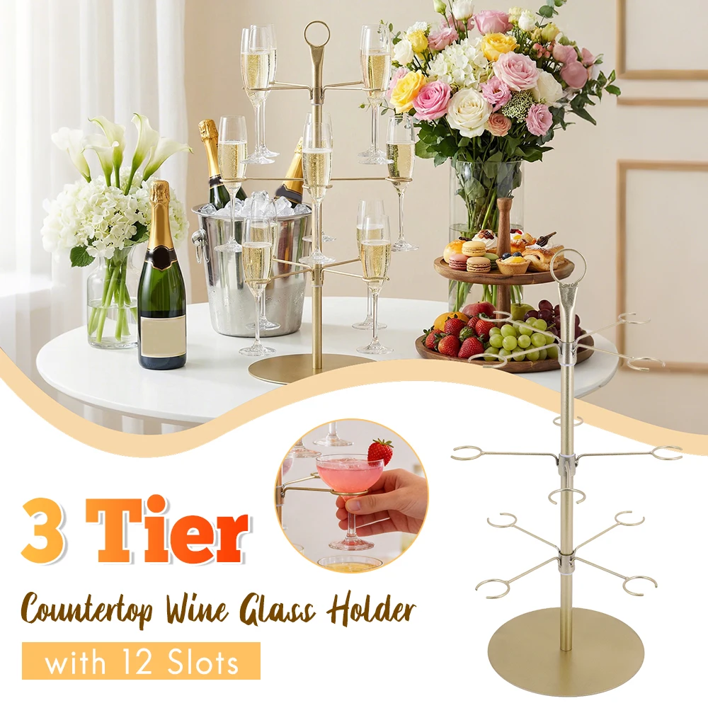 

3 Tier 12 Holders Metal Drink Tower Cocktail Tree Stand for Parties Wine Glass Holder Stand for Bar Champagne Tower Martinis