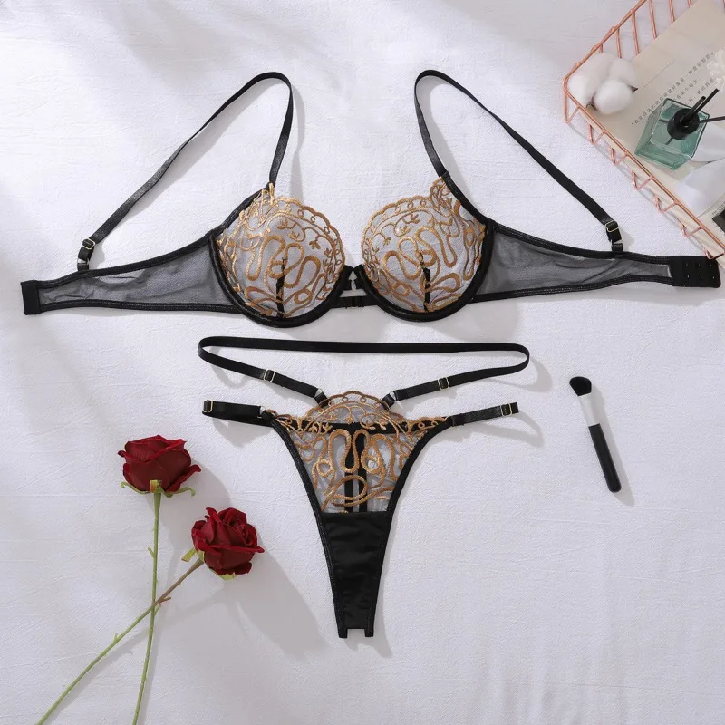 

Elegant Lingeries Sexy Hot Exotic Gold Embroidered Floral Underwear Women 2PC Bra & Brief Sets Transparent Thin Erotic Costumes