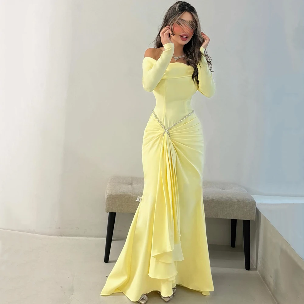 

Customized Boat Neckline Full Sleeves Jersey Evening Dress With Crystal Mermaid Party Dress Backless Ankle Length Prom Gown