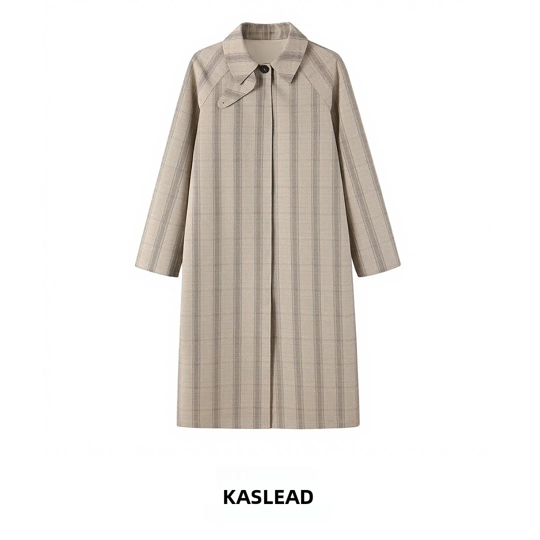 KASLEAD New Women's Long Plaid Jacket Versatile High-End Feelings 3811270 Autumn Season Single Button Closure Polyester Fiber