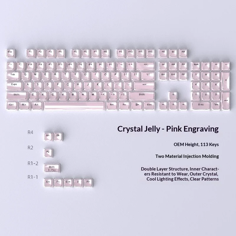 Crystal Jelly Pink Keycap 0EM Small Full Set 114 Key PC Transparent Orthographic Keyboard
