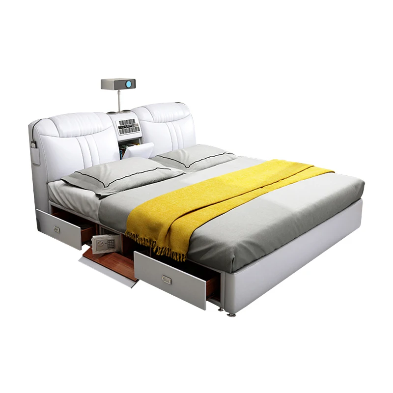 Massage leather bed, small-sized double bed, multifunctional modern minimalist projector, storage