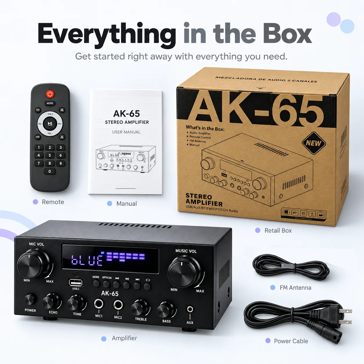 AK65 Woopker HIFi Digital Bluetooth 5.3 Sound Amplifier 2 Channel FM USB OPT COA Mic Audio Amp For Home theater Car Karaoke Amp