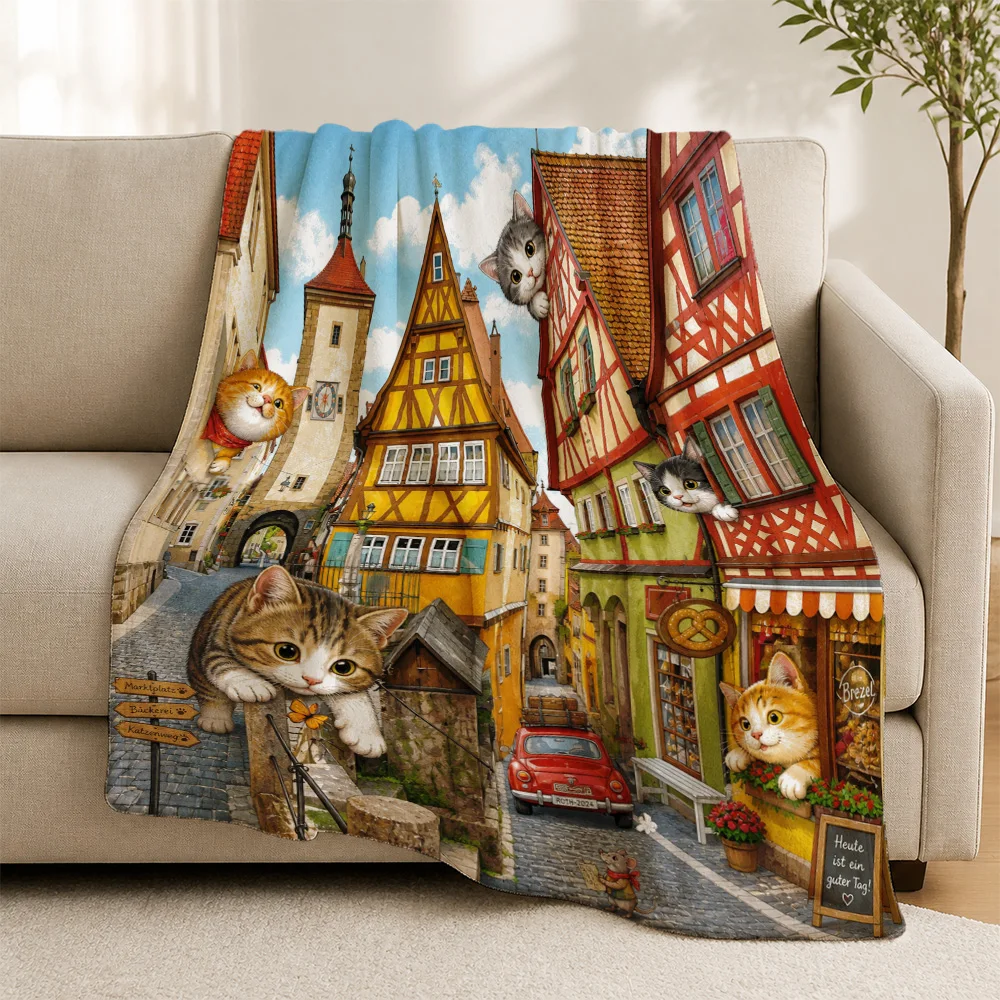 Whimsical Cat Lovers European Street Scene Throw Blanket for Sofa Couch Decor Cozy Pet Gift Fleece Throw