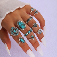 10 Pcs Exquisite Bohemian Turquoise Ring Set Fashion Vintage Designs Floral Heart Geometric Rings Daily Wear Jewelry Gift 2024
