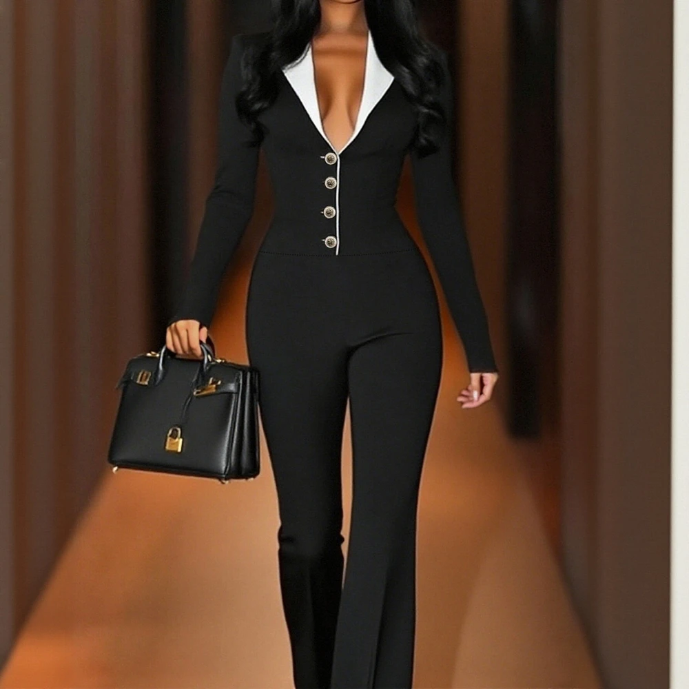 

Женский повседневный комбинезон с v-образным вырезом и длинным рукавом, полная длина, прямой свободный крой, осенний повседневный однотонный стиль на пуговицах