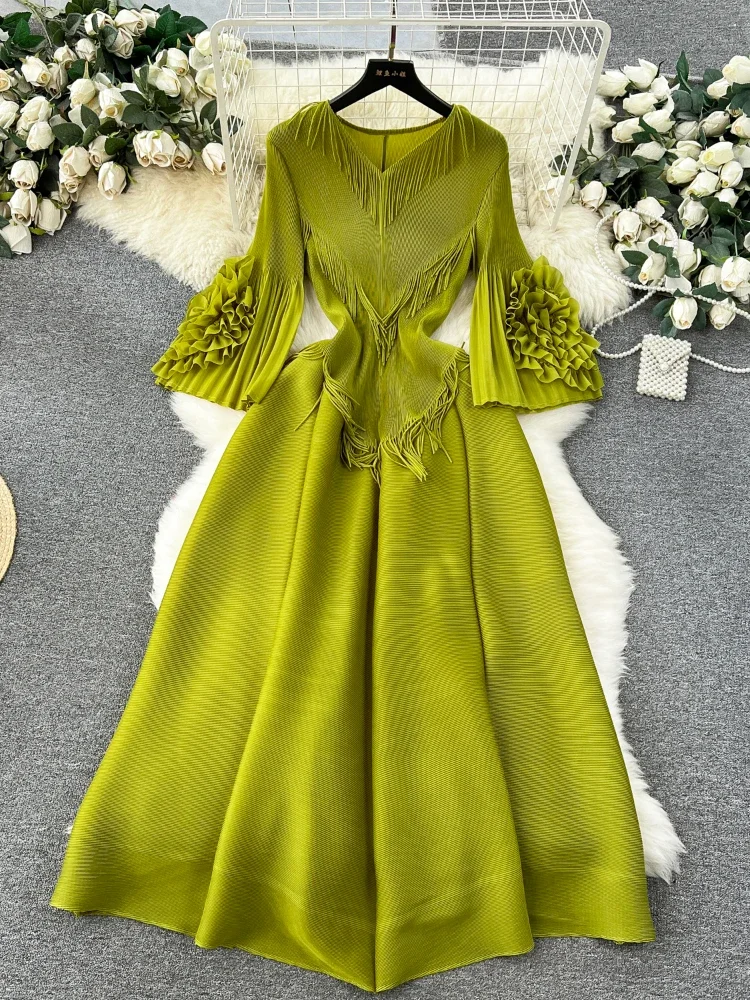 Women Elegant Pleated Long Dress Spring Summer Half Sleeve Tassels Party Dresses Laides Loose Oversized Loose Long Robe