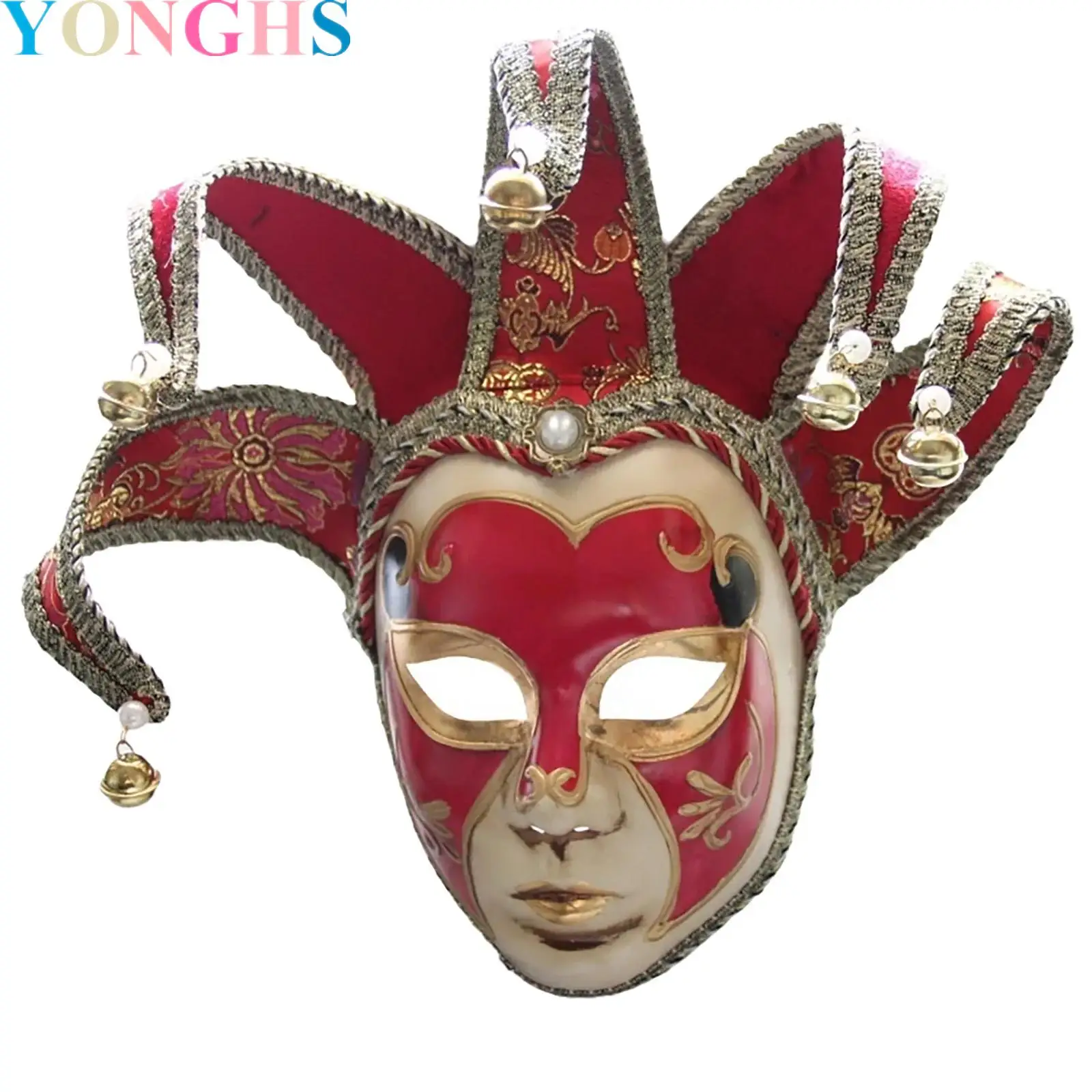 

Vintage Full Face Mask Halloween Masquerade Venetian Jester Mask Music Mardi Gras Bells Decorative Mask for Adults