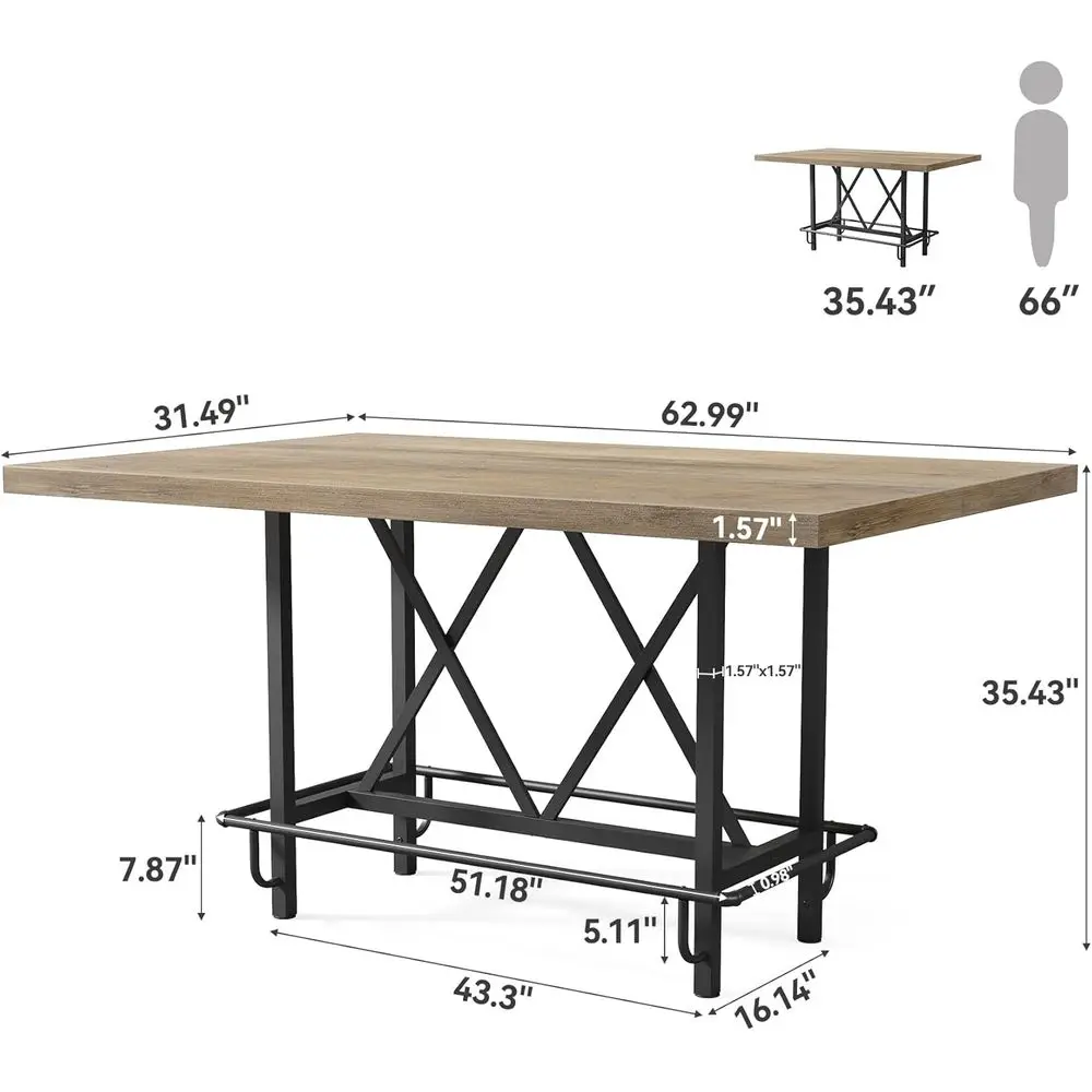 63 طاولة بار على الطراز الصناعي مع مسند قدم معدني، ارتفاع مضاد للمطبخ، بار منزلي وترفيه باللون الرمادي الريفي #3