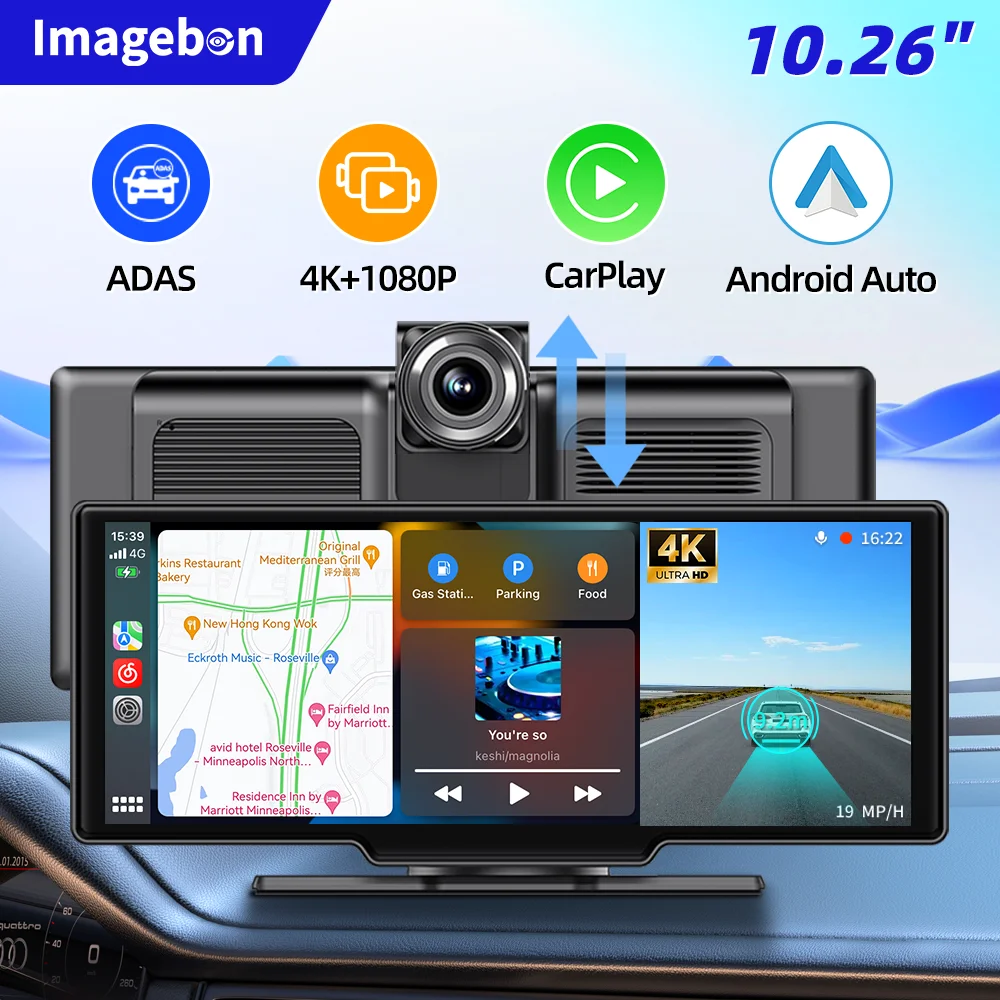 Imagebon 10.26" 4K ADAS Kamera samochodowa z bezprzewodowym CarPlay i Android Auto, nawigacja GPS, sterowanie głosowe AI, rejestrator jazdy z kamerą cofania 1080P w lusterku wstecznym