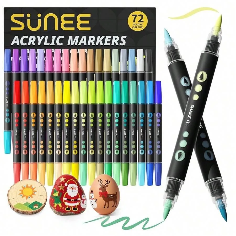 SUNEE 72 Colors Acrylic Paint Markers, 36 Pack Brush Tip Paint Pens With Automatic Ink Control System, Coloring Markers For Met