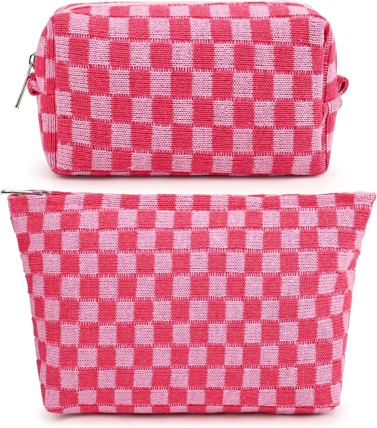 

SOIDRAM 2 Pieces Makeup Bag Large Checkered Cosmetic Bag Capacity Canvas Mix Travel Toiletry Bag Organizer Cute Makeup Brushes Aesthetic Accessories Storage Bag for Women, Checkered Mix Rose Red