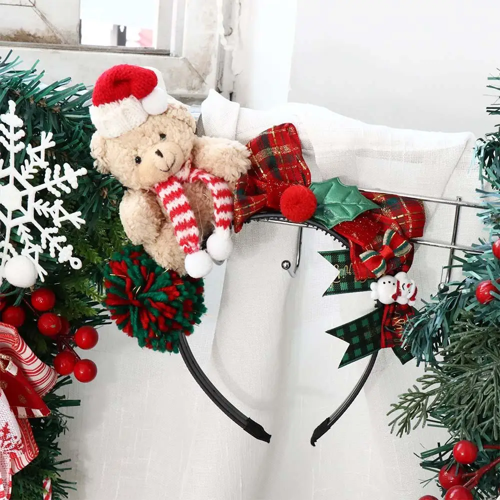 Decoración navideña, diadema navideña, aro para el pelo de alce de Papá Noel, diadema con astas, aro para el pelo con lazo rojo, banda para el pelo con lazo de felpa para niña