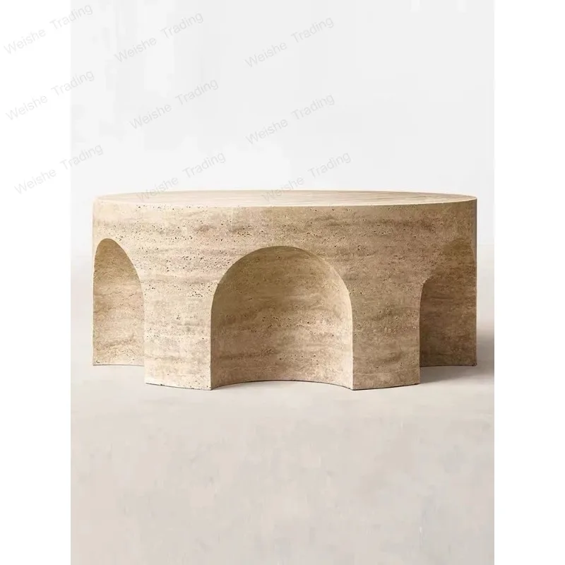 Natural travertine coffee table small round table, round living room sofa marble edge table