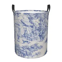 custom French Toile De Jouy Navy Blue Motif Pattern Laundry Basket Collapsible Large Capacity Clothing Storage Bin Baby Hamper