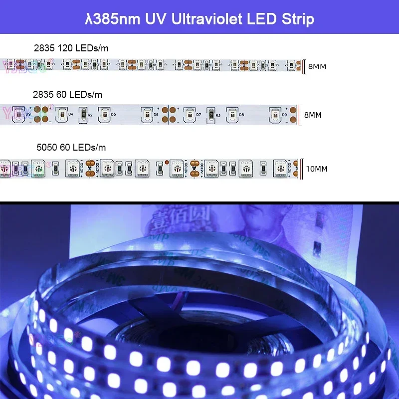 12 فولت 5 متر 385nm الأشعة فوق البنفسجية LED قطاع 60led/م 120led/م مصلحة الارصاد الجوية 5050 2835 الضوء الأرجواني بار DJ الإسفار مصباح الحفلات الشريط IP20