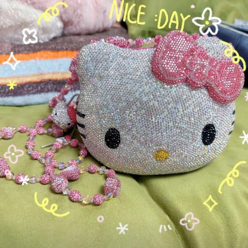 Anime Hello Kittys Cartoon Shape Rhinestone Cartoon Full of Diamond Dinner Bag Handmade Diamond-Set Lady's Clutch Christmas Gift