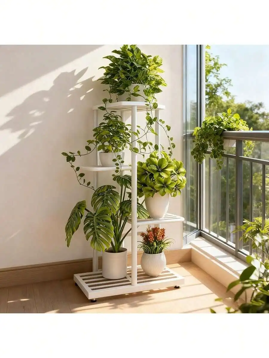 4 Tier Plant Stand -With Wheels Practical And Durable Plant Stand - Indoor And Outdoor Metal 4 Tier 5 Basin Multi-Pot Planter Ra