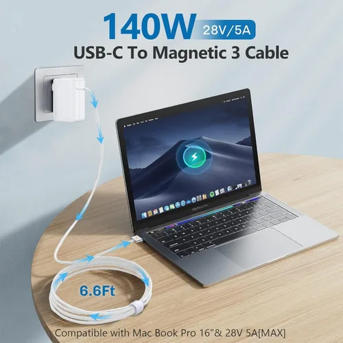 Imagen 2 del producto Cable USB C a magnético 3, 140W, cargador para Mac Book Pro 16,15,14,13 pulgadas, 2021-2023 M1 M2 Mac Book Air, adaptador de corriente para ordenador portátil