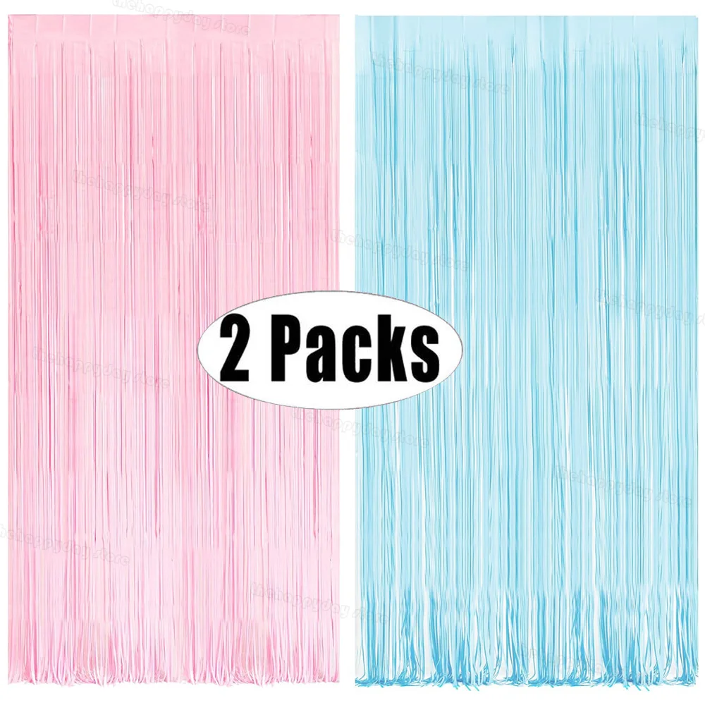 2 paquetes de cortina con flecos de aluminio rosa y azul, telón de fondo, cortinas de oropel de macarrón, decoración para fotomatón de fondo para fiesta de cumpleaños y revelación de género