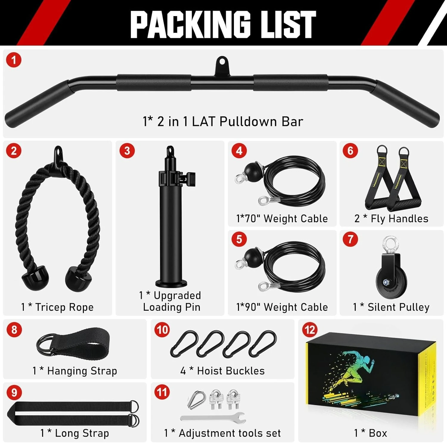 Sistema de polea, sistema de polea de cable de peso para gimnasio en casa, accesorio de máquina de cable con barra desplegable LAT 2 en 1, cuerda Tricep