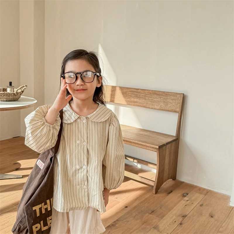 

Children2026 Spring New Baby Girl Cotton Loose Lapel Shirts Long Sleeve Toddler Letter Embroidery Tops Striped Casual Blouses