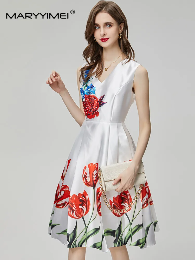 

MARYYIMEI Fashion Designer Women's Summer V-Neck Sleeveless Printed Temperament Flower White Sexy Dress