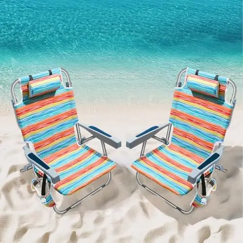Backpack Beach Chairs for Adults 2 Pack Portable, Lay Flat Reclining Beach Chairs with 5 Positions, Tall Heavy Duty
