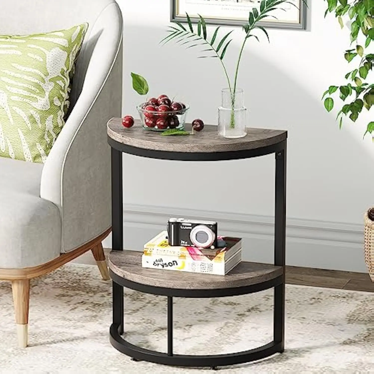 

2-Tier End Table Half Round, Narrow Semi Circle Side Tables with Storage Shelf, Farmhouse Demi-Lune Accent Table Curved Edge W