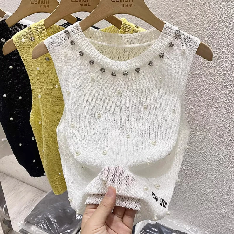 Summer Ice Silk Hollow Knitwear Vest Thin T-Shirt Women's 2024 New High Quality Diamond-Encrusted Pearl Elastic Slim Top